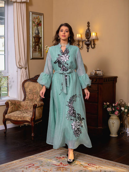 Floral Muslim Women's Embroidery Robe Dress