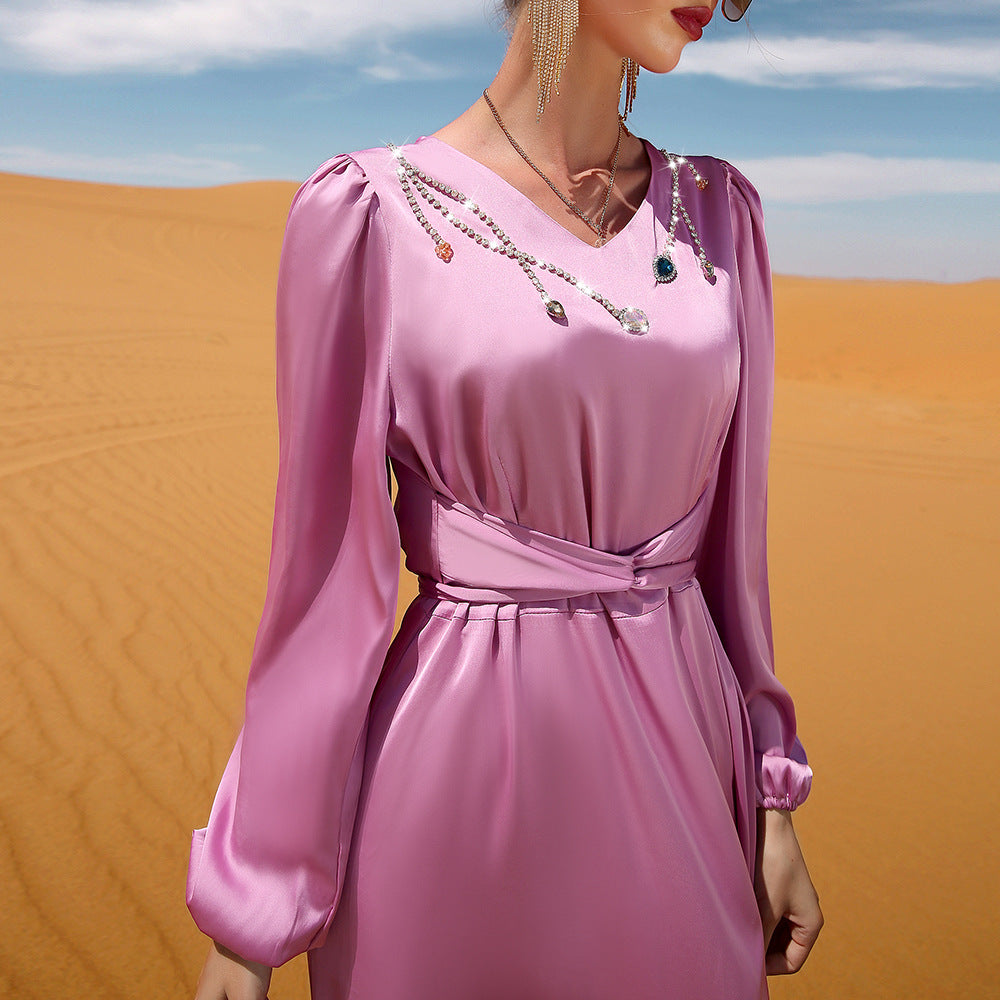Purple V-neck Rhinestone Dress
