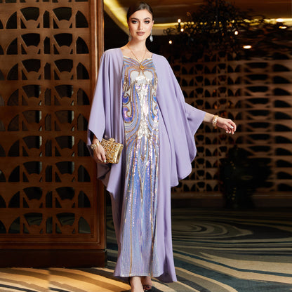 Sequin embroidered Cape Bat-shirt Abaya Party Dress