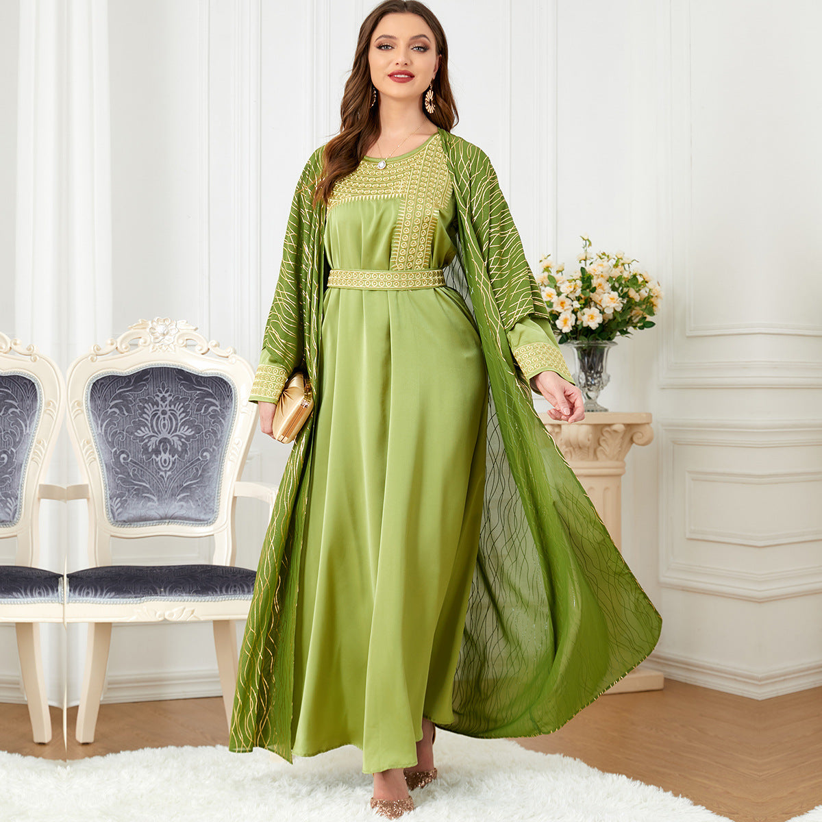 Women's Crew Neck Embroidered Gilded Long Sleeve Dress Two-piece Sets