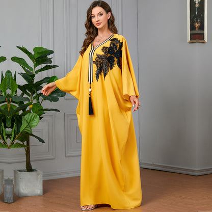 Women's Bat Sleeve Appliqué Patchwork Fringed Dress