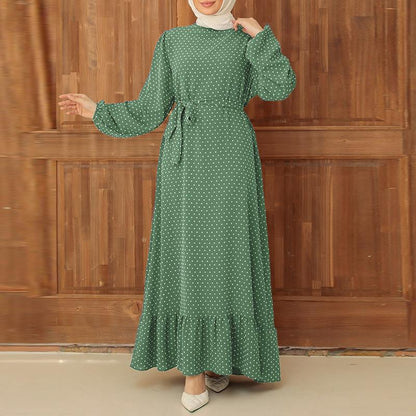 Vintage Polka Dot Print Long-sleeved Ruffle Dress