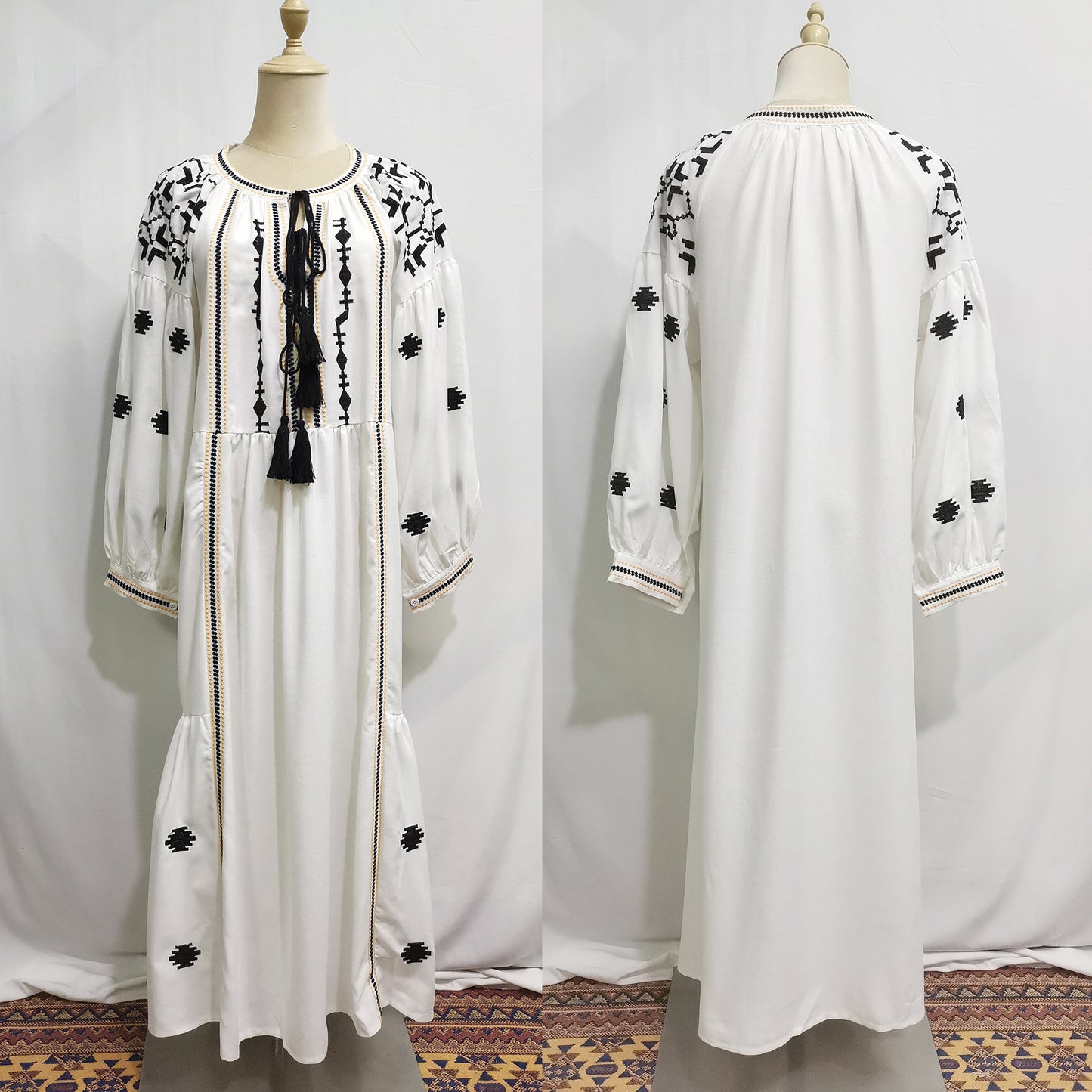 Women's Embroidered Cotton and Linen Balloon Sleeve Dress