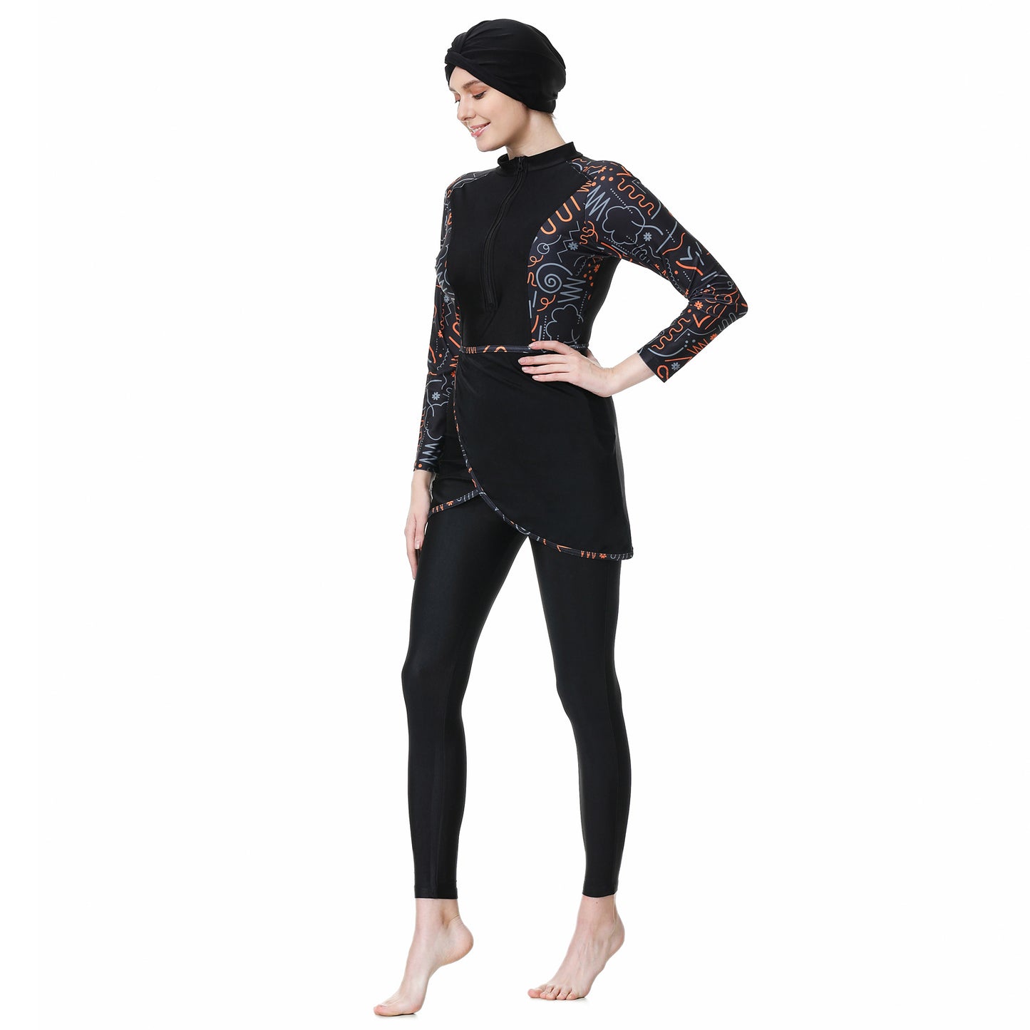 Printed Patchwork Pants + Top + Hat Three-piece Swimsuit Burkini