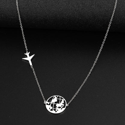 Stainless Steel Airplane and World Map Necklace