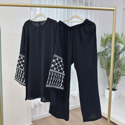 Embroidered Top and Wide-leg Trousers Two-piece Set