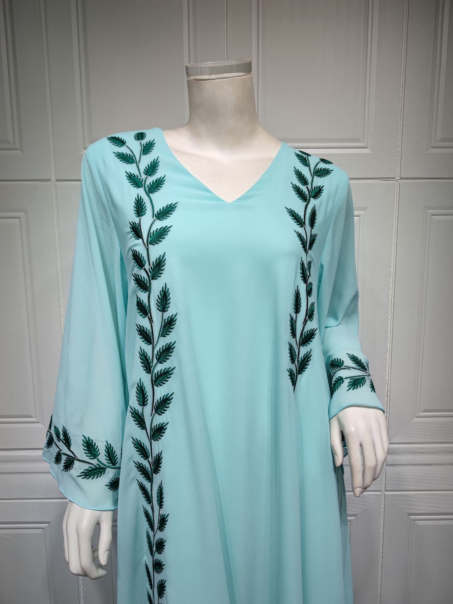 Chiffon Long Embroidered Crew Neck Dress with Scarf