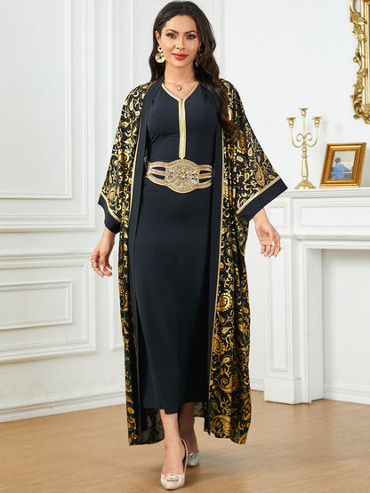 Women's Summer New Muslim Stamped Robe Two Piece Dresses