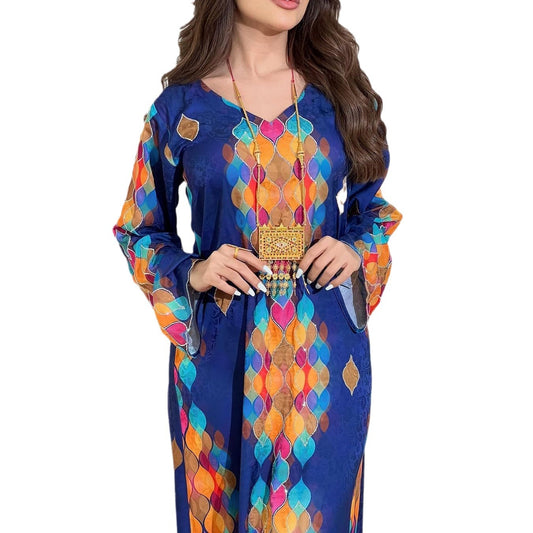 Women's Printed Diamond V-neck Long-sleeved Dress