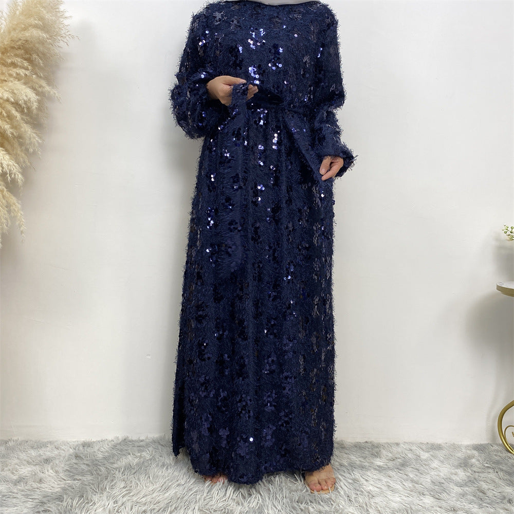 Sequin Fringed Crewneck Full Lining Maxi Dress