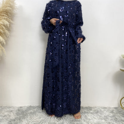 Sequin Fringed Crewneck Full Lining Maxi Dress