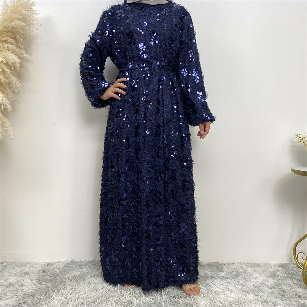 Sequin Fringed Crewneck Full Lining Maxi Dress