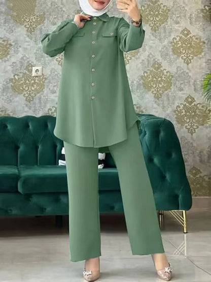 Women's Solid Color Shirt and Trousers Two-piece Suit