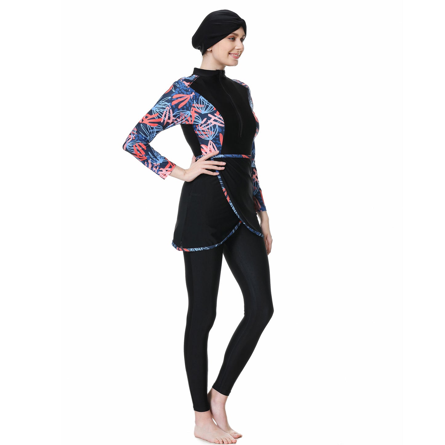 Printed Patchwork Pants + Top + Hat Three-piece Swimsuit Burkini