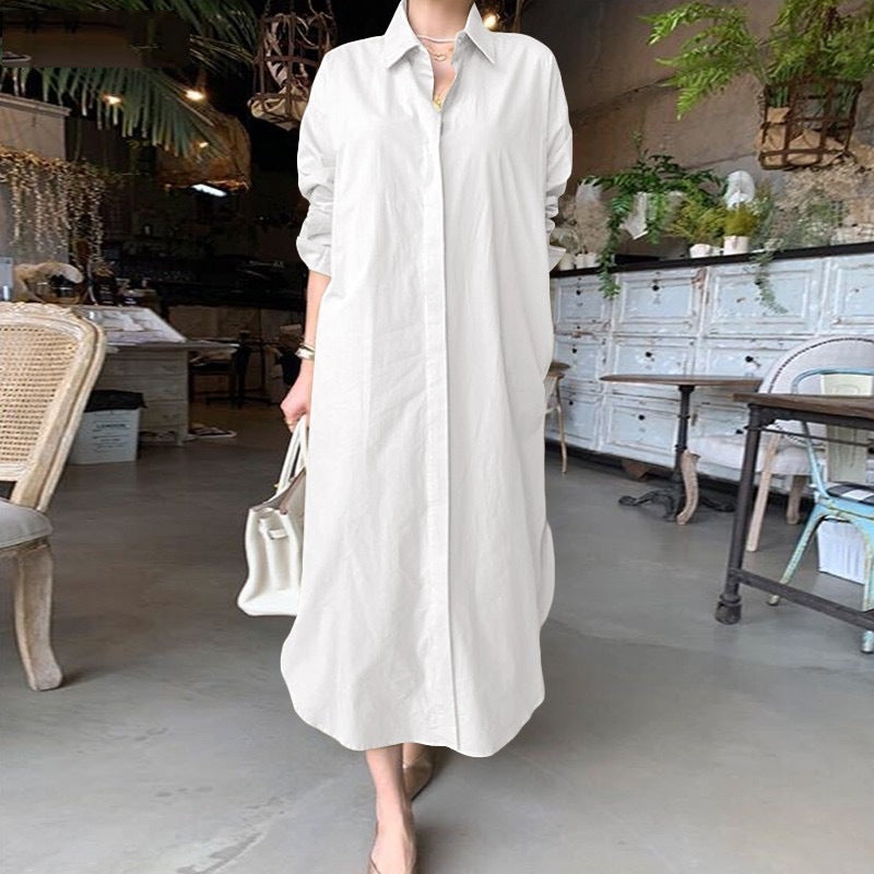 Solid Color Long Sleeve Casual Long Shirt Dress