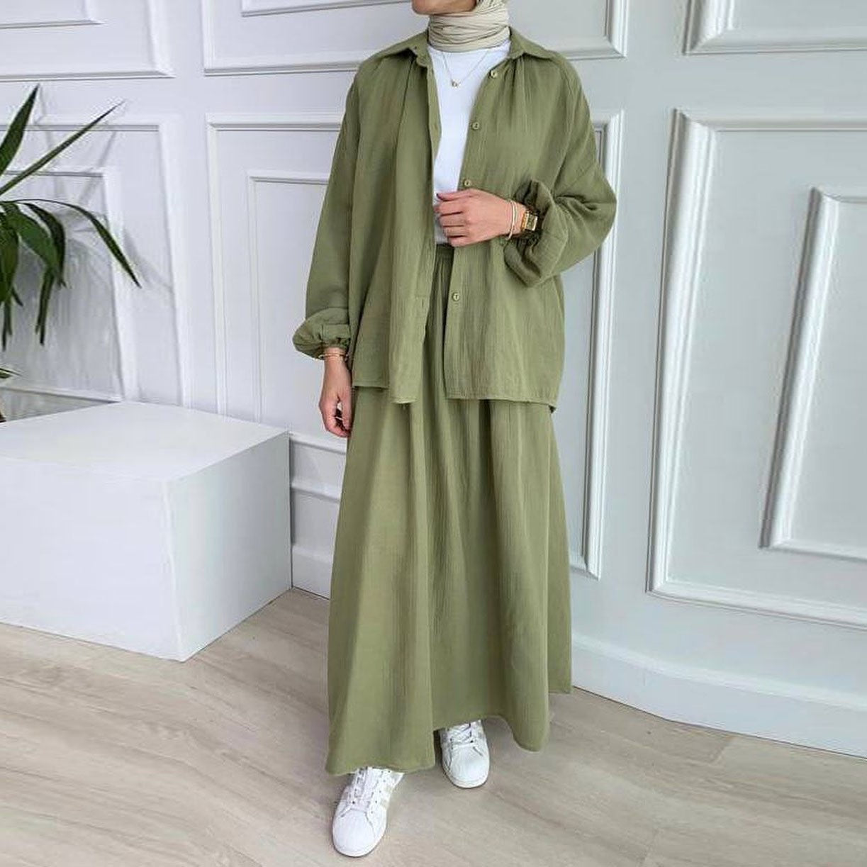 Women's Puff Sleeve Shirt Skirt Chic Casual Suit