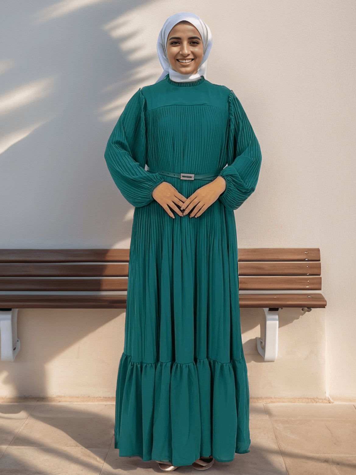 Plain Muslim Black and Green Pleated Abaya Dress