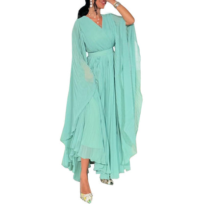 Large-hem Chiffon Pressed Pleated Solid Color Dress