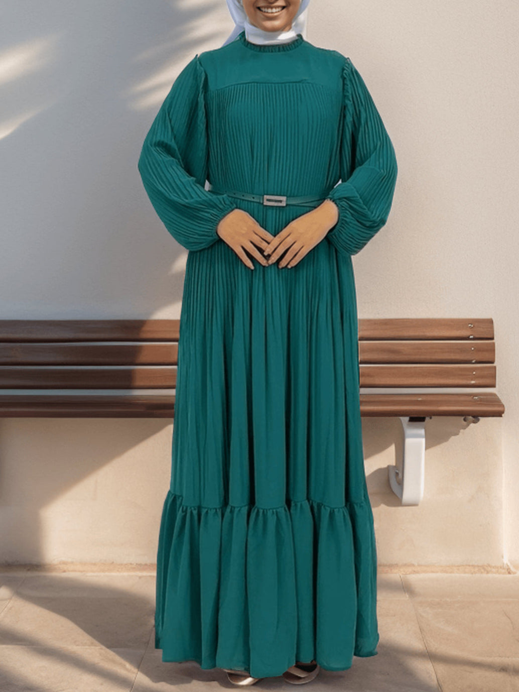 Plain Muslim Black and Green Pleated Abaya Dress