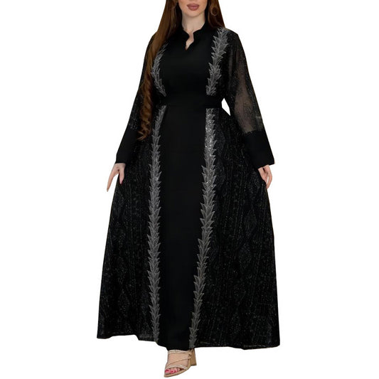 Colorblock Mesh Embroidered Beaded Muslim Dress