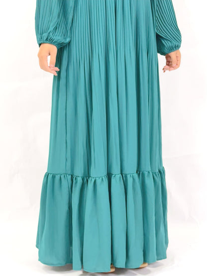 Plain Muslim Black and Green Pleated Abaya Dress