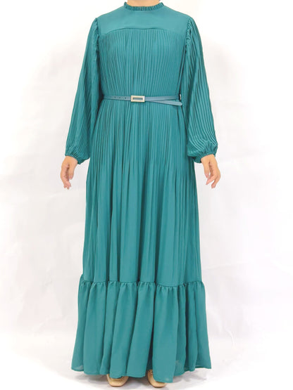 Plain Muslim Black and Green Pleated Abaya Dress