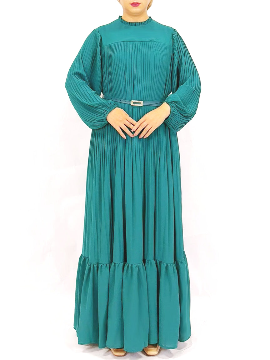 Plain Muslim Black and Green Pleated Abaya Dress