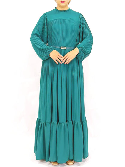 Plain Muslim Black and Green Pleated Abaya Dress