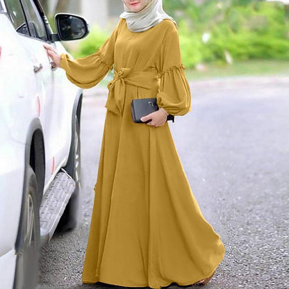 Solid Color Long Sleeve Ruffled Dress