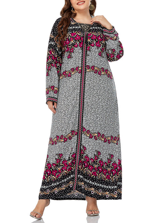 Plus Size Embroidered And Floral Printed Hooded Long Dress