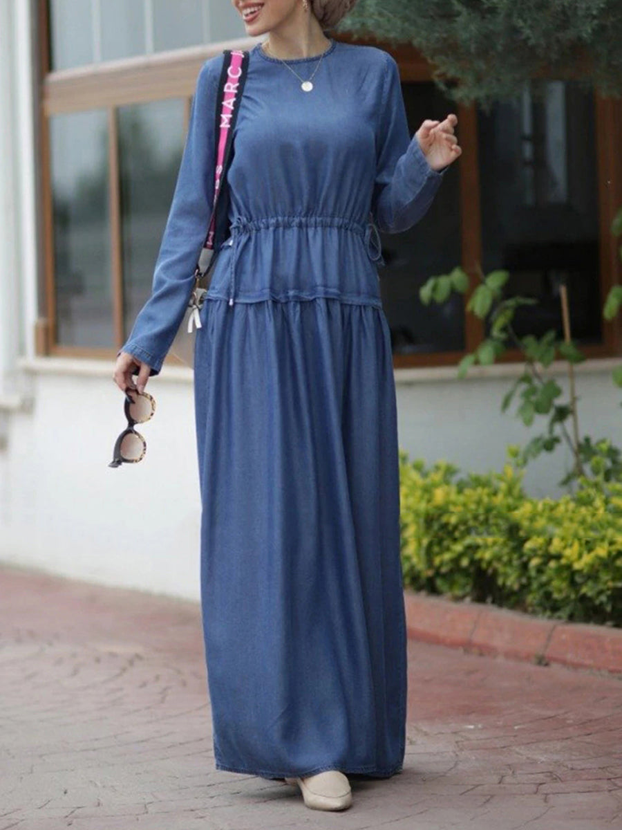 Long Sleeve Crew Neck Wash Jeans Dress Casual Dress