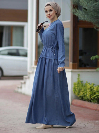 Long Sleeve Crew Neck Wash Jeans Dress Casual Dress