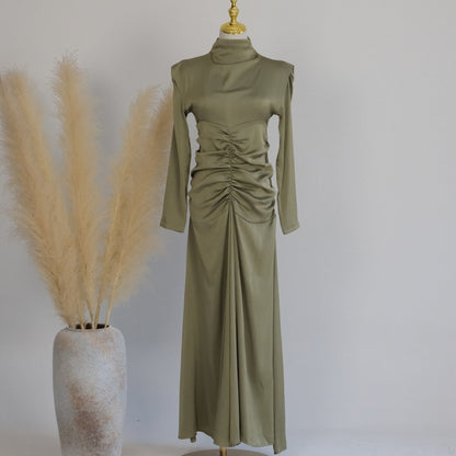 Plain High Neck Pleated Abaya Dress