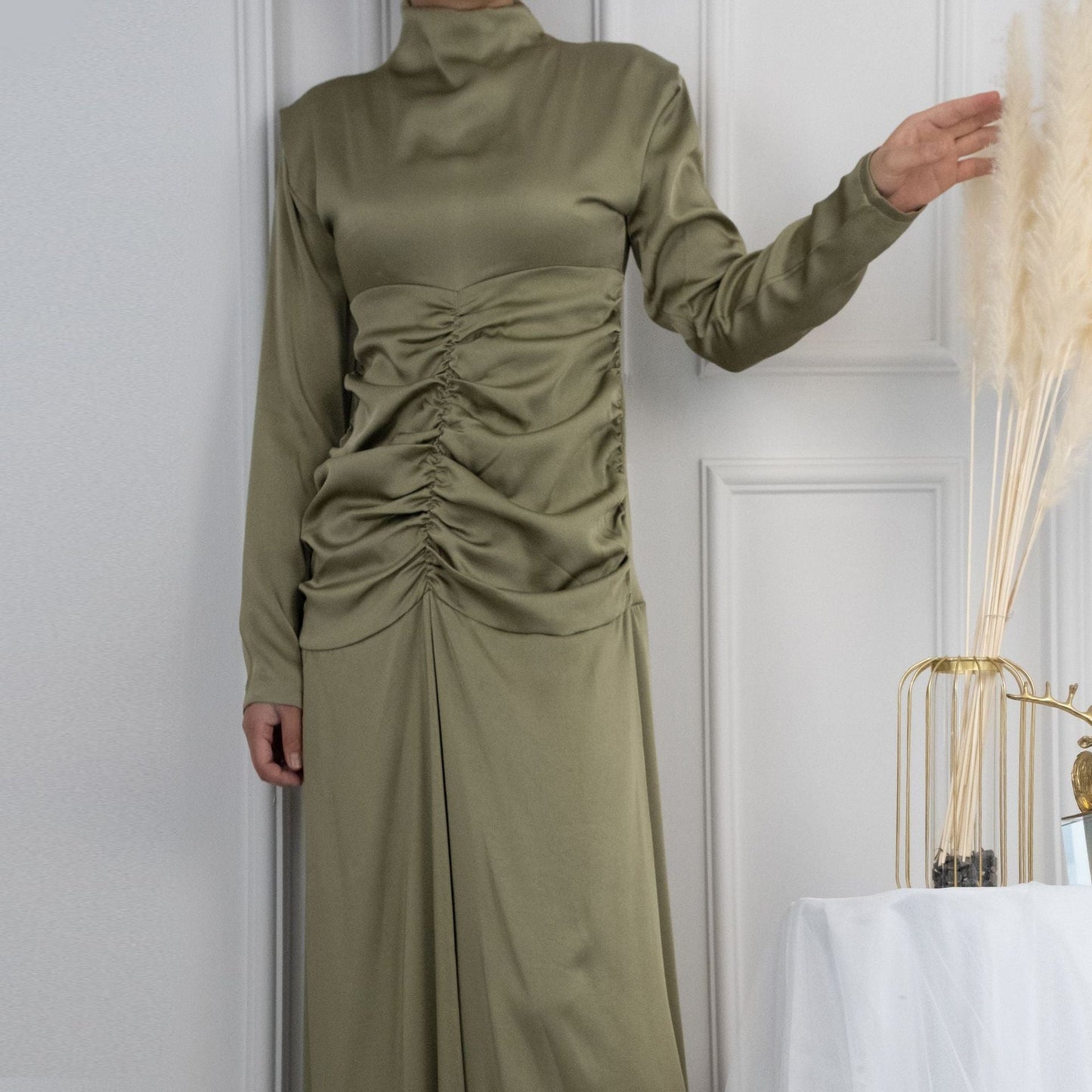 Plain High Neck Pleated Abaya Dress