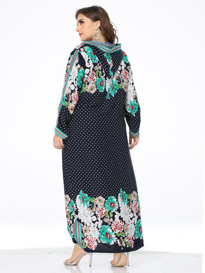Embroidered And Floral Printed Hooded Long Dress