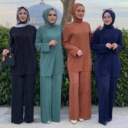 Plain Crew Neck Long Sleeve Pant Sets