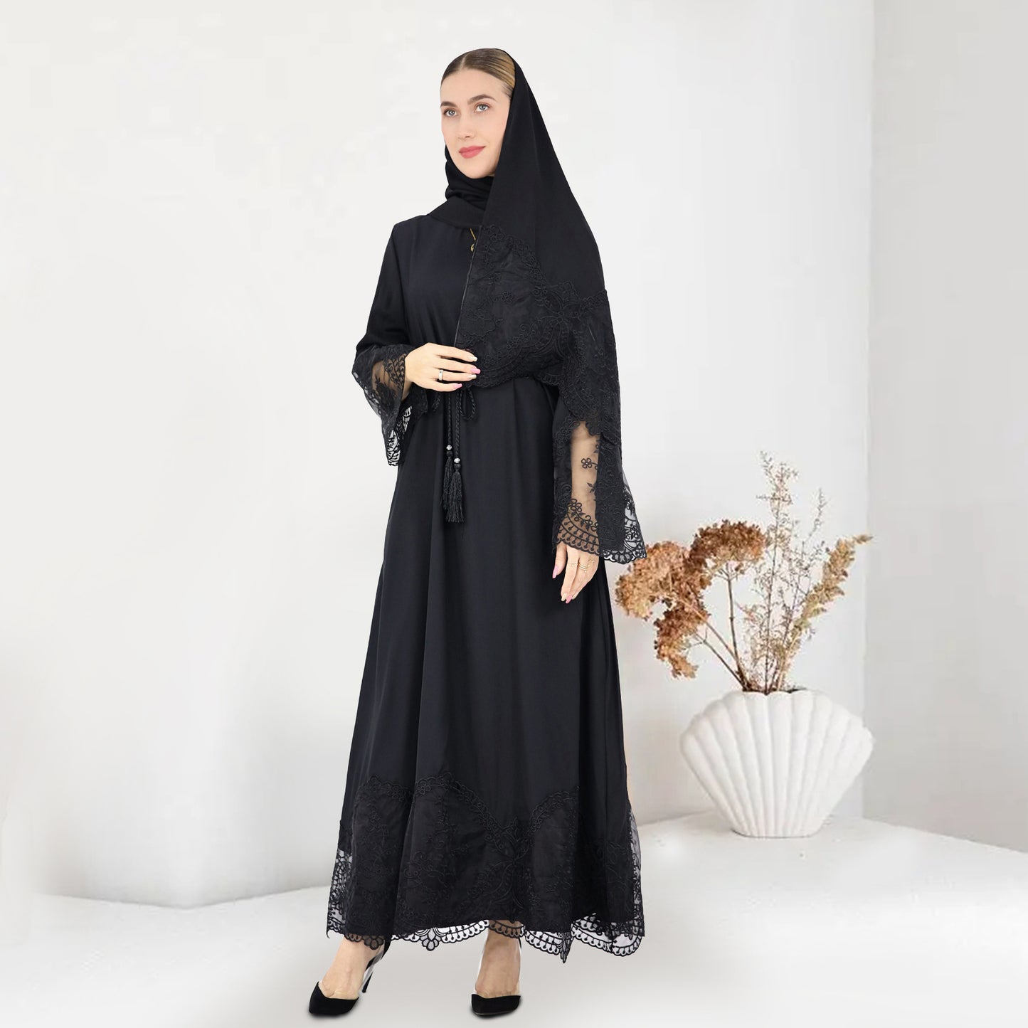 Plain Embroidery Lace Abaya Dress