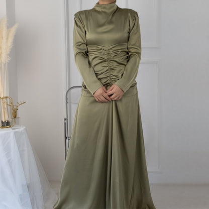 Plain High Neck Pleated Abaya Dress