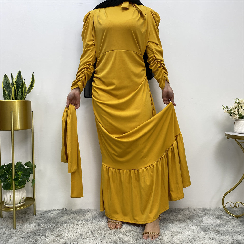 Long Sleeve Irregular Pleated Abaya Dress