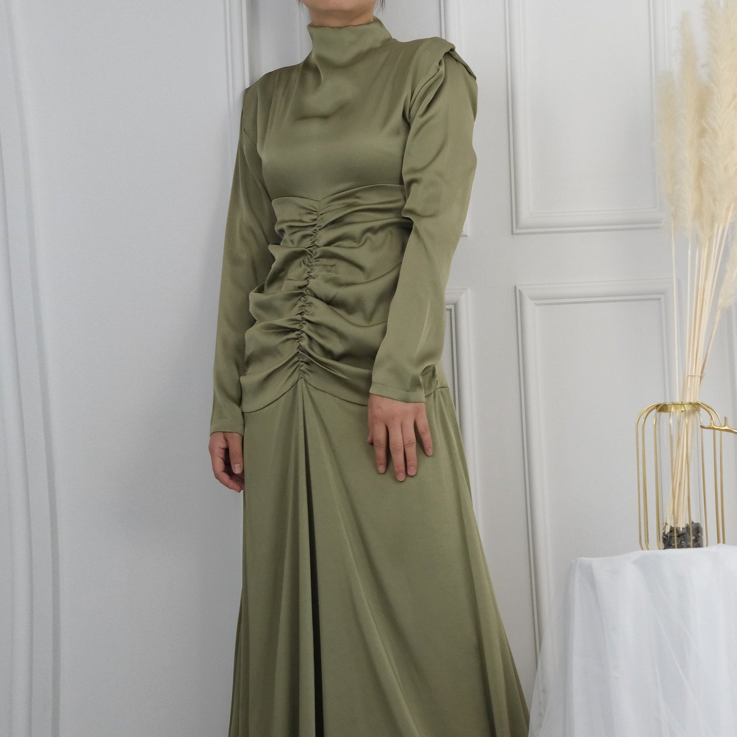 Plain High Neck Pleated Abaya Dress