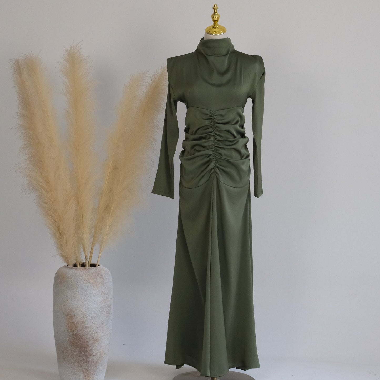 Plain High Neck Pleated Abaya Dress