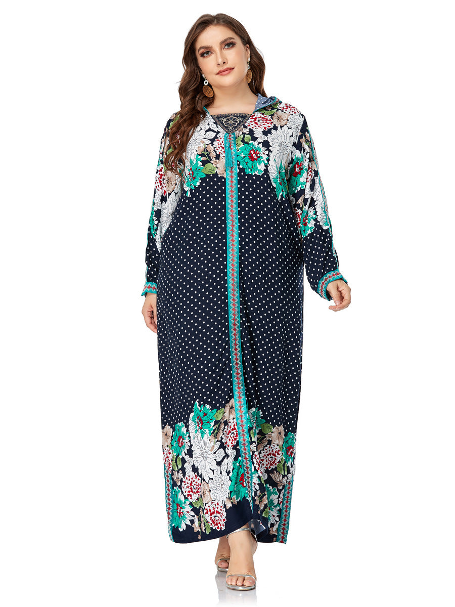 Embroidered And Floral Printed Hooded Long Dress