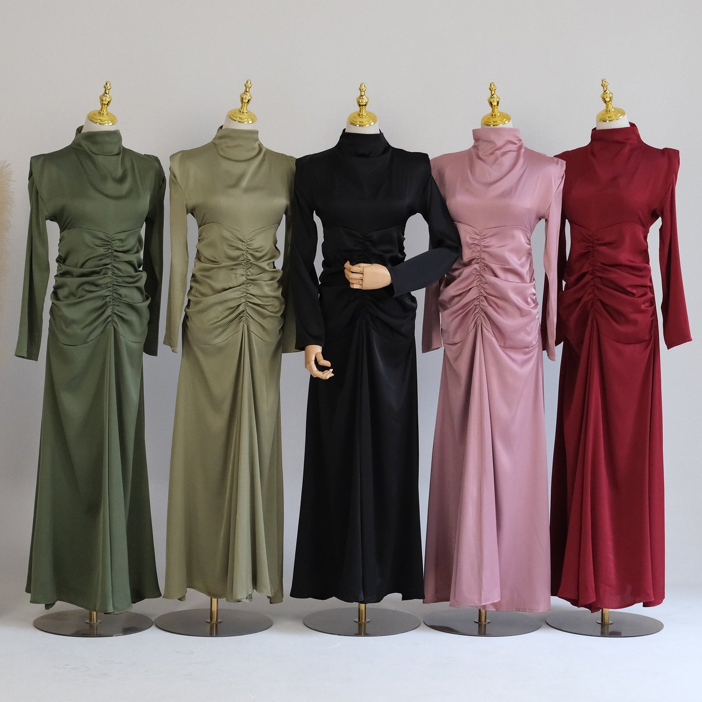 Plain High Neck Pleated Abaya Dress