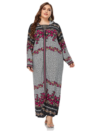 Plus Size Embroidered And Floral Printed Hooded Long Dress