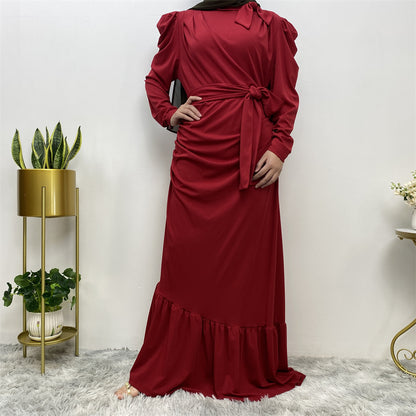 Long Sleeve Irregular Pleated Abaya Dress