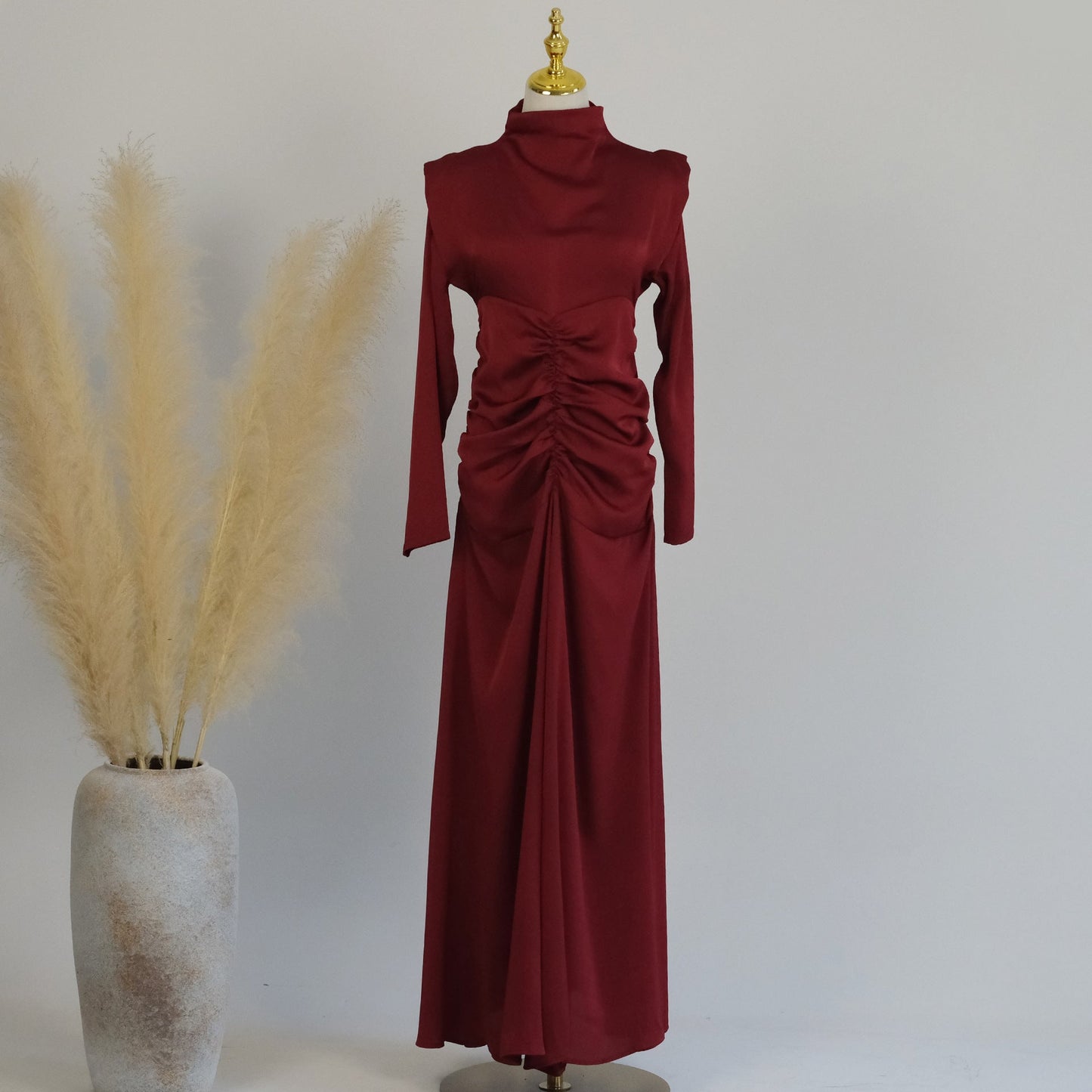 Plain High Neck Pleated Abaya Dress