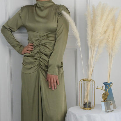 Plain High Neck Pleated Abaya Dress