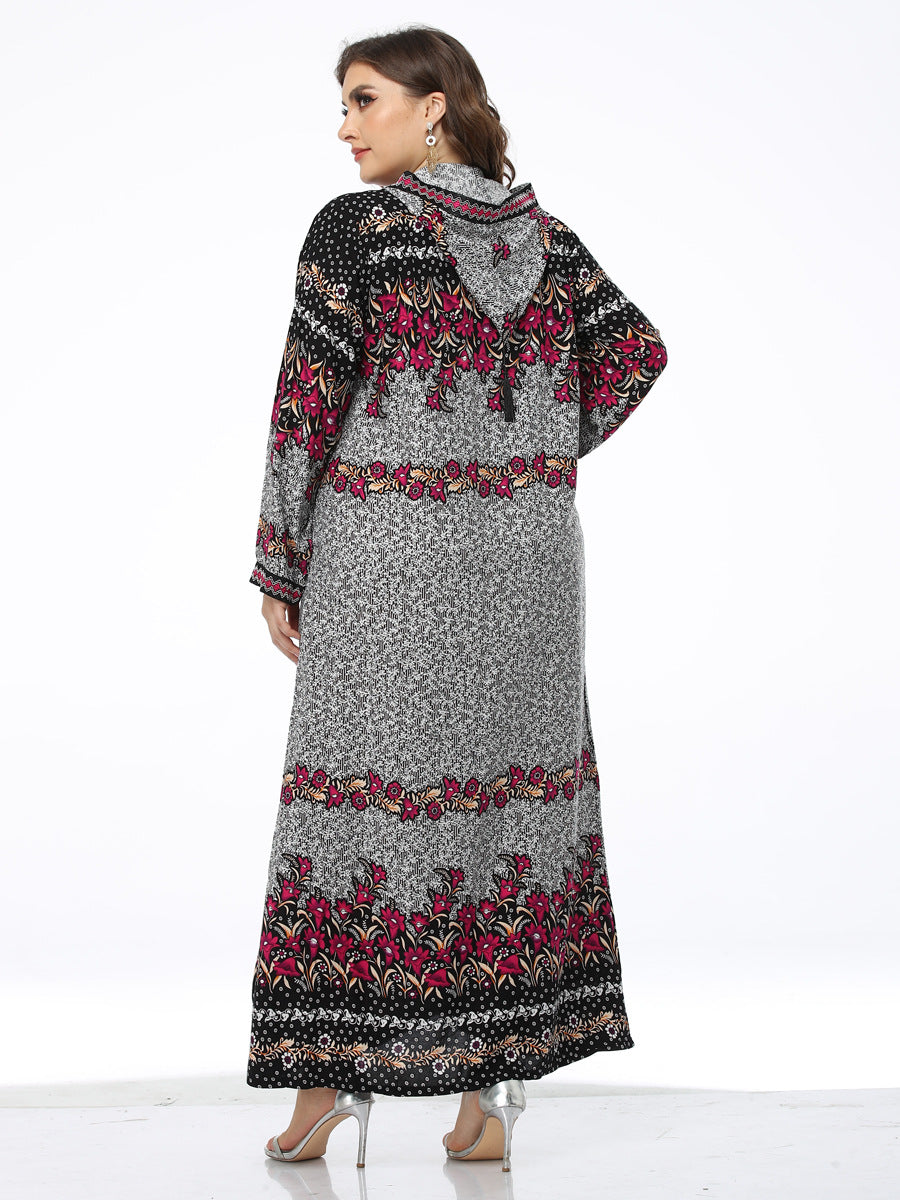 Plus Size Embroidered And Floral Printed Hooded Long Dress