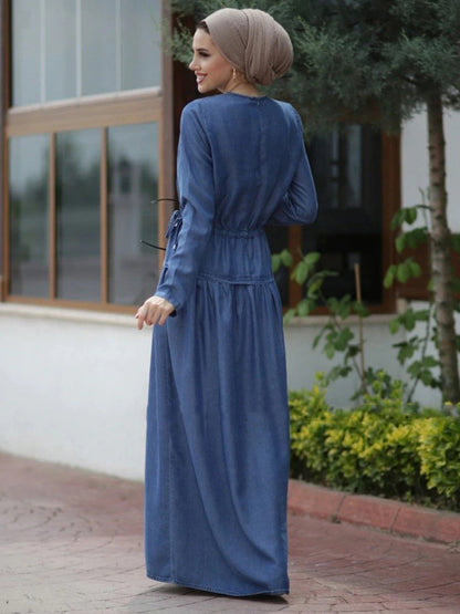 Long Sleeve Crew Neck Wash Jeans Dress Casual Dress