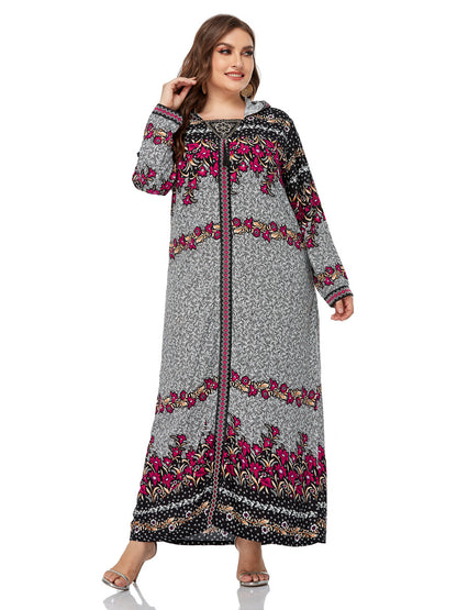 Plus Size Embroidered And Floral Printed Hooded Long Dress